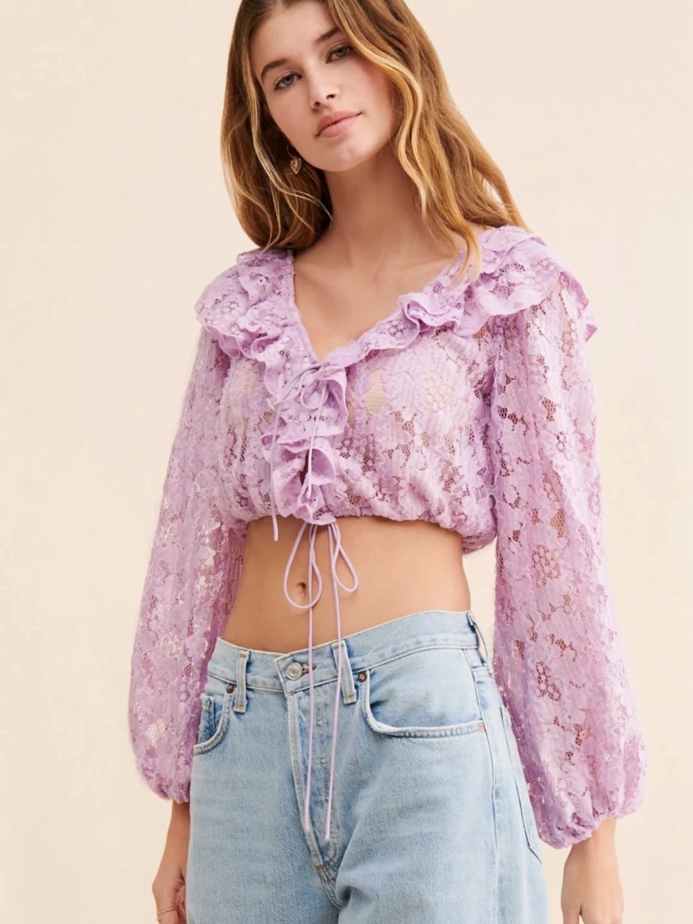 For Love & Lemons Lilac Lace Ruffle Tie-Front Crop Top